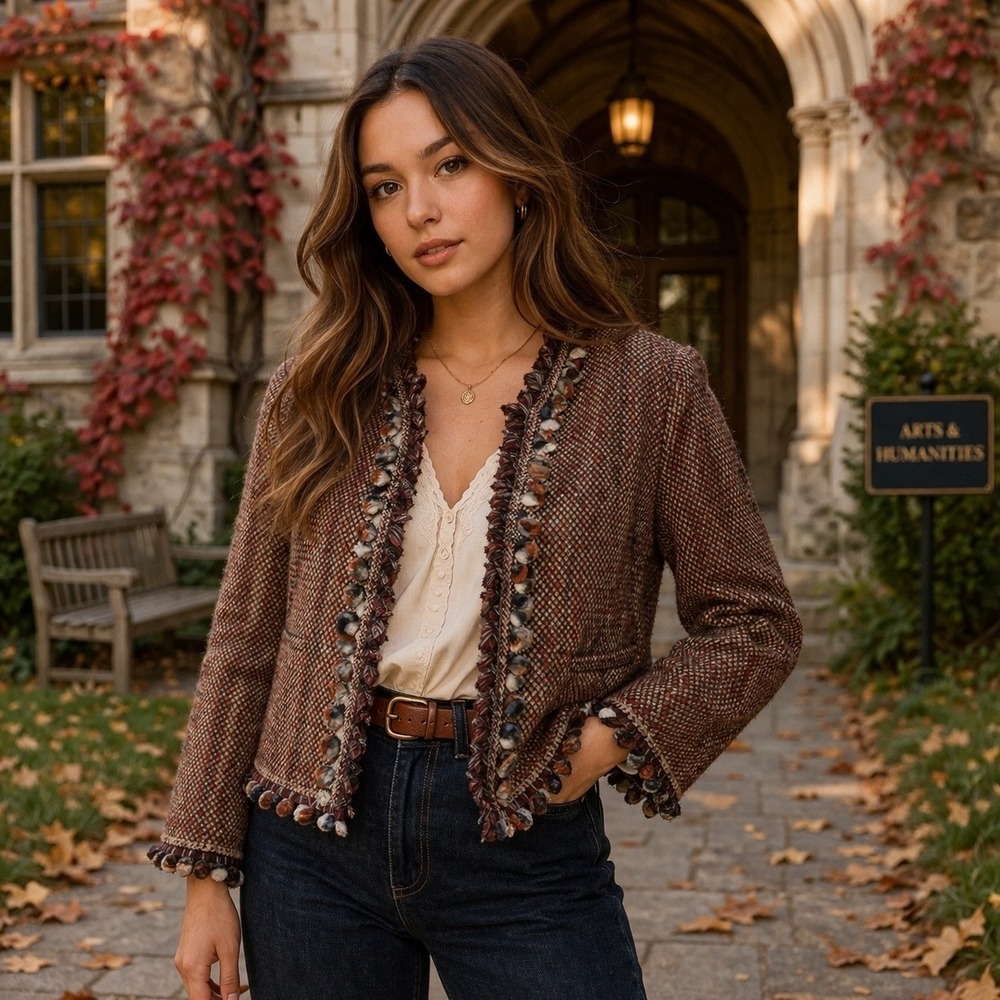 Zara Woman Tweed Jacket Womens XS Multicolor Woven Pom Pom Boho Spain Blazer